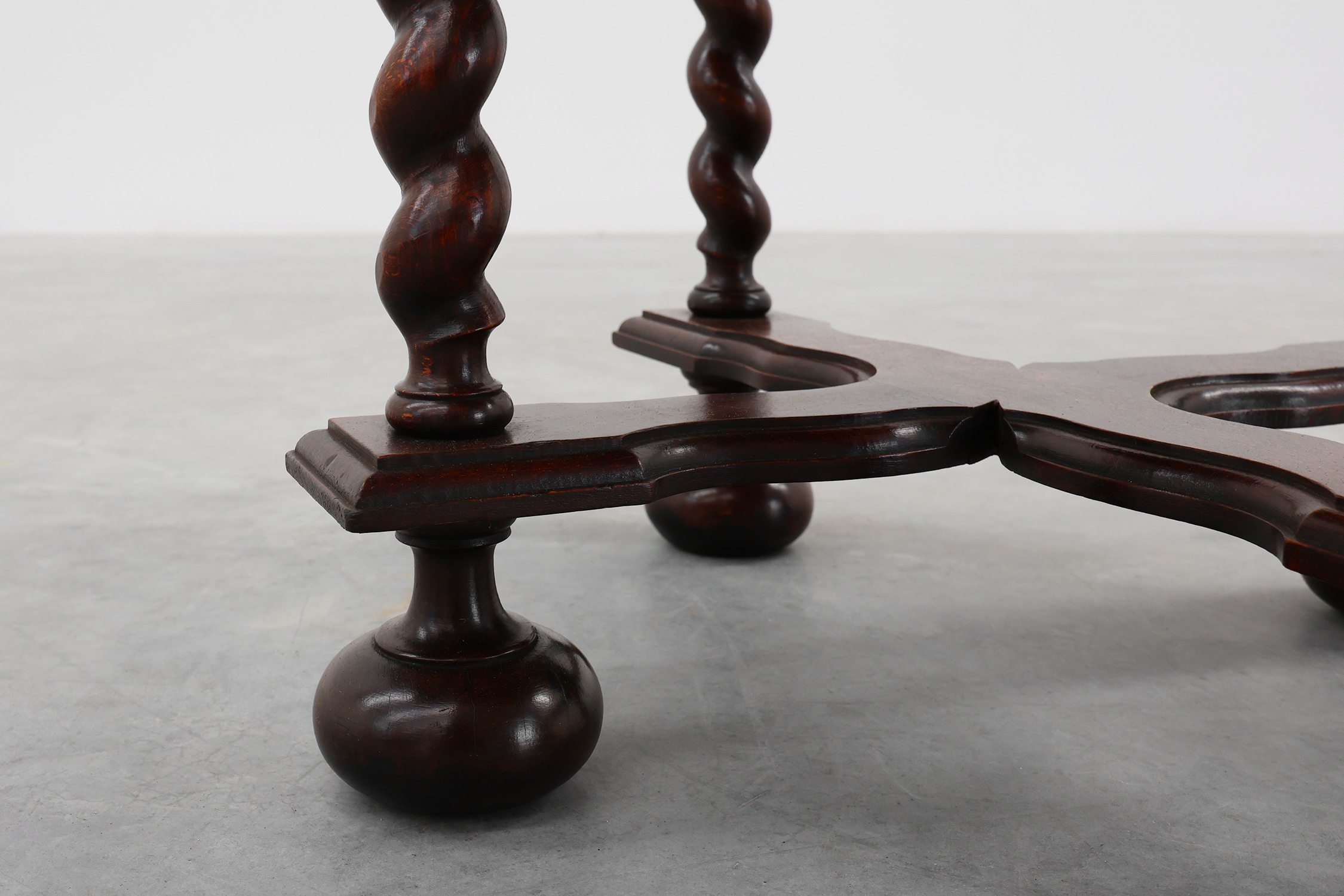 Rustic round barley twist oak side table, France 1950sthumbnail